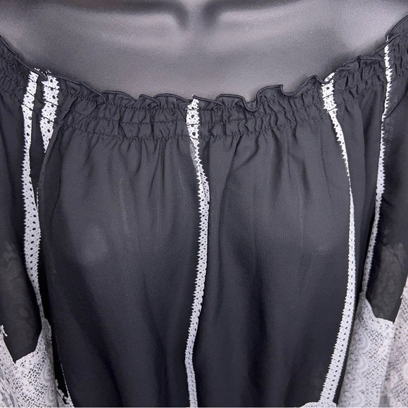 Medium Notations Black White Lace Print Blouse Peasant Semi Sheer Goth - Picture 9 of 16